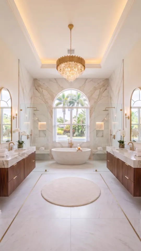 Finished grand his and hers primary bathroom with marble walls, two glass showers and a freestanding tub