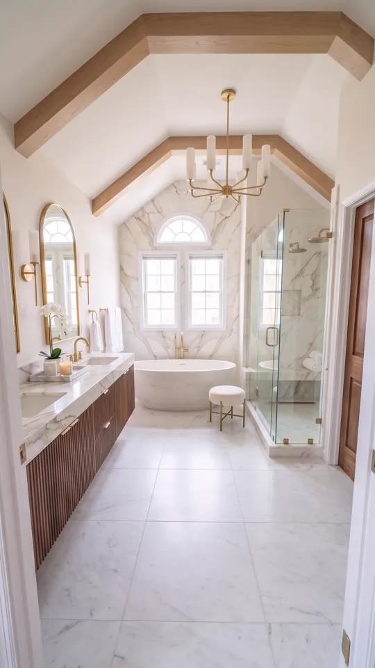 Finished vaulted spa primary bathroom with marble slab wall, glass shower and freestanding tub
