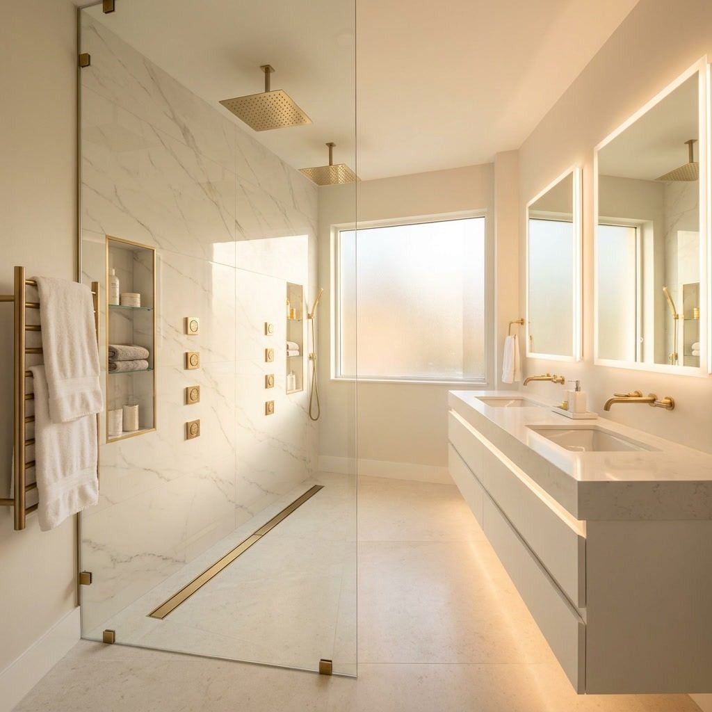 After: Luxury walk-in spa shower with frameless glass, dual gold rainfall showerheads, large-format marble tile, built-in niches, and floating double vanity with backlit mirrors in Delray Beach, FL