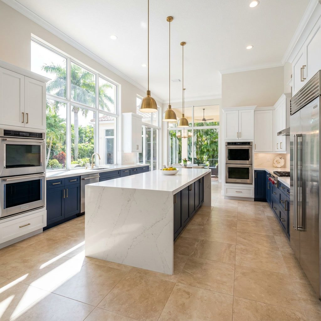 After: Renovated luxury kitchen with white quartz island, navy cabinets, and gold pendants in Fort Lauderdale, FL