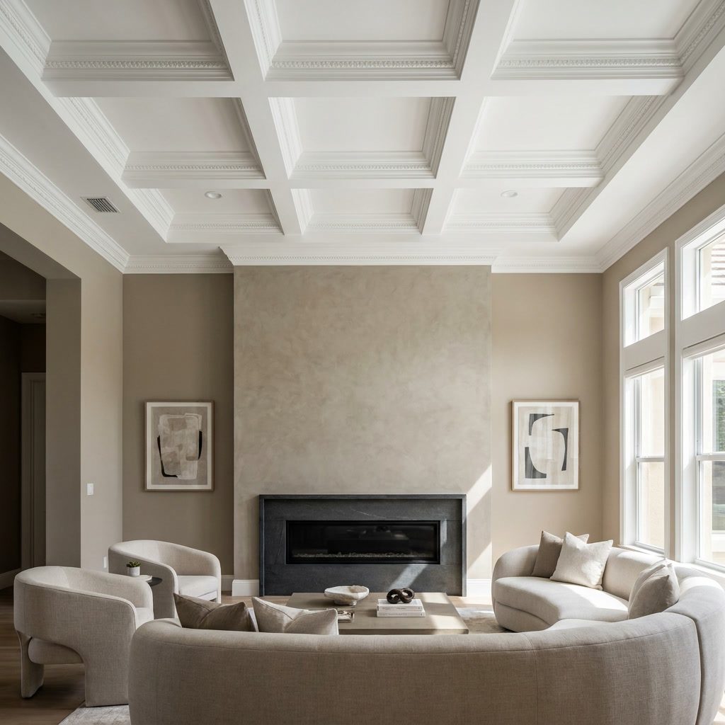 After: Luxury living room interior repaint with coffered white ceiling, limewash fireplace accent wall, warm greige walls, and modern art in Plantation, FL
