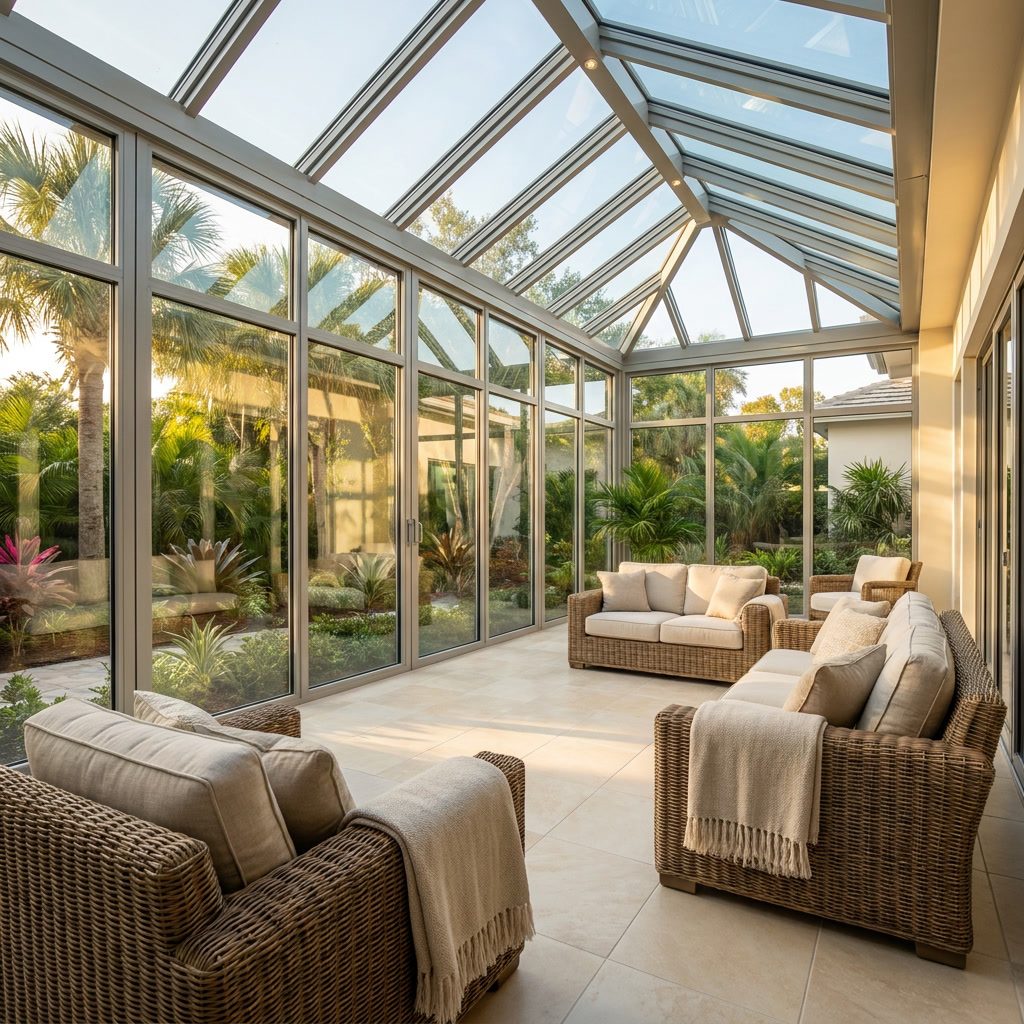 After: Luxury glass-enclosed sunroom addition with pitched aluminum-frame glass roof, wicker furniture, ivory tile floor, and lush tropical garden view in Wellington, FL